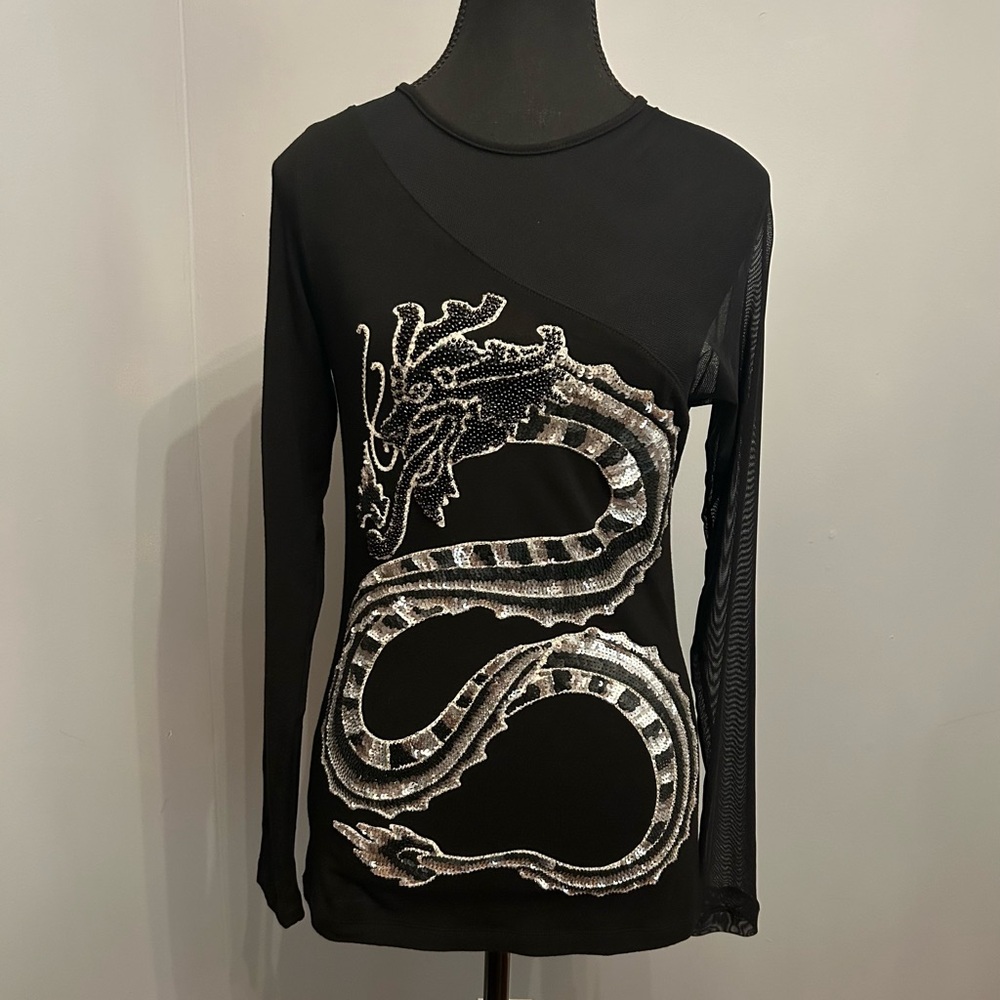 Rock ´N Karma Black & Silver Dragon Design Jersey and Mesh Black Long Sleeve Top